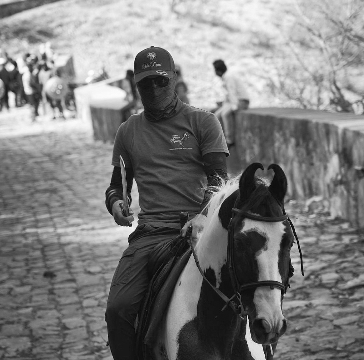 Film Equus stunt rider crew on a horse in India