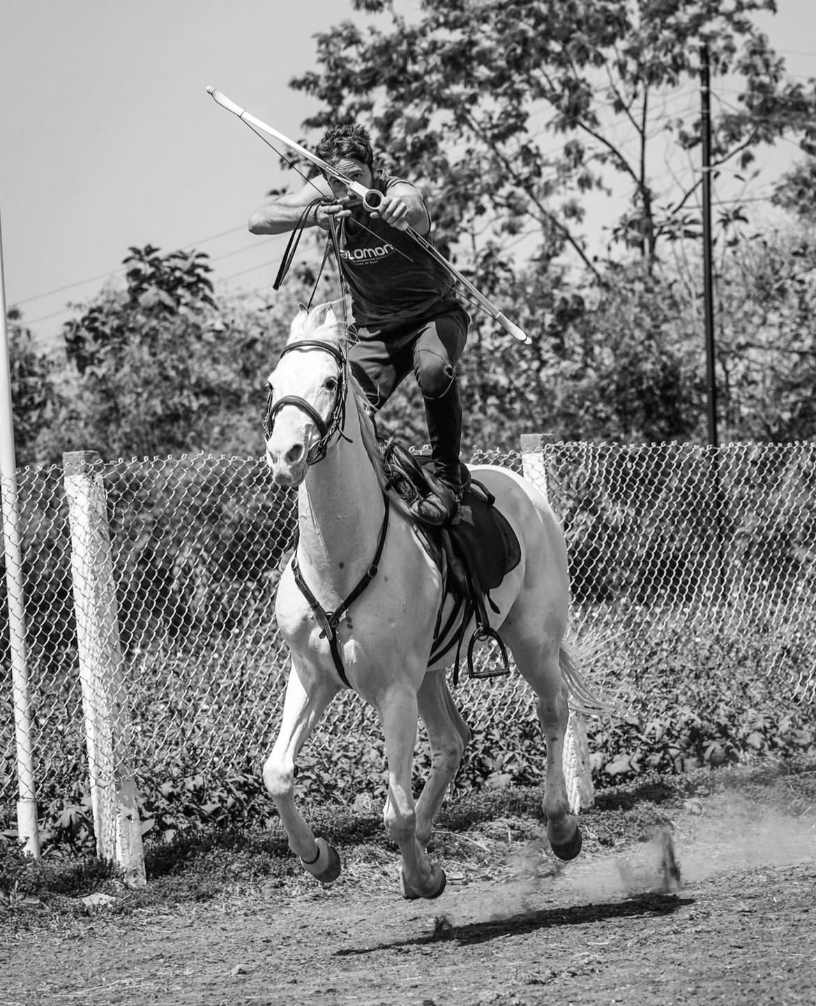 Trick rider with bow and arrow on a white horse